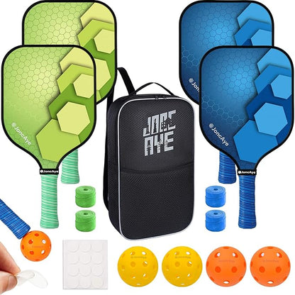 JoncAye Pickleball-Paddles-Set of 4 or 2 Rackets with Balls and Bag | USAPA Approved Pickle-Ball Equipment with Accessories | Fiberglass/Graphite Pickleball Racquet Set for Men, Women, Kids, Adults