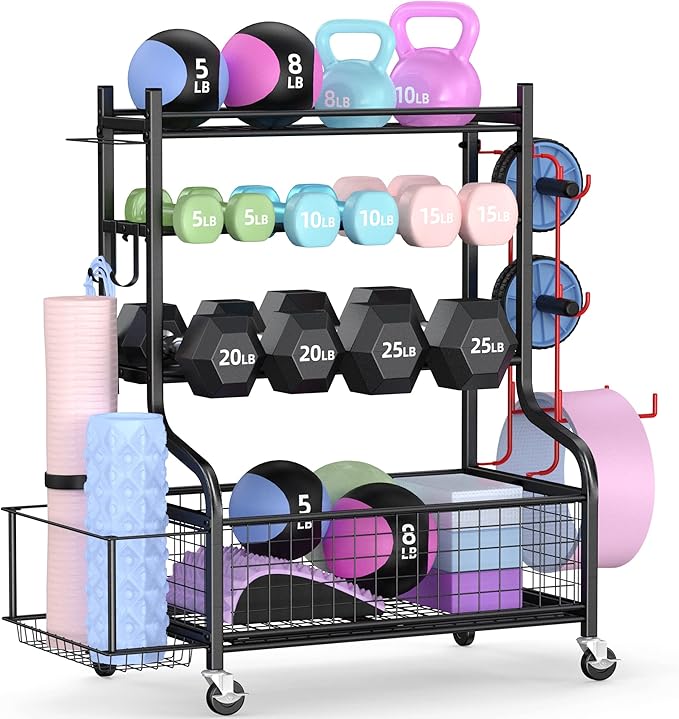 PLKOW Dumbbell Rack, Weight Rack for Dumbbells, Home Gym Storage for Dumbbells Kettlebells Yoga Mat and Balls, All in One Workout Storage with Wheels and Hooks, Powder Coated Finish Steel