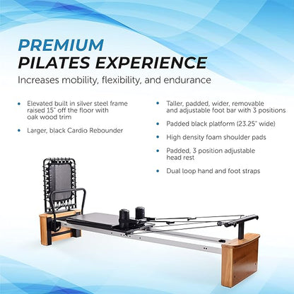 Stamina AeroPilates Pro Reformer Whole Body Resistance Padded Pilates Workout Machine with Cardio Rebounder for Home Workouts, Chrome Black