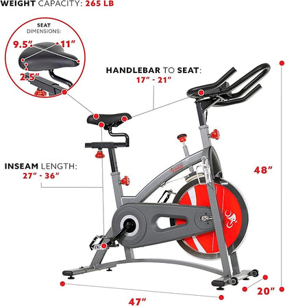 Sunny Health & Fitness Indoor Cycling Exercise Bike with LCD Digital Monitor, Heavy-Duty 40 LB Flywheel, Stationary Bike with Customizable Comfort and 265 LB Max Weight - SF-B1423/C