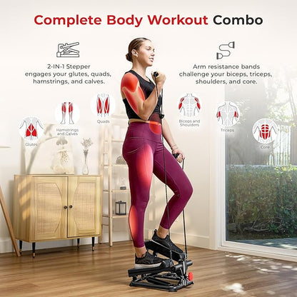 Sunny Health & Fitness Advanced Mini Steppers for Exercise at Home, Total Body Workout Stair Step Machine with Resistance Bands, Optional Smart Stepper with SunnyFit App Connection