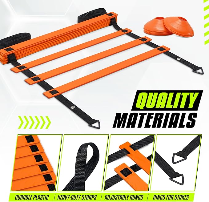 Yes4All Speed Training Equipment Set: 15ft Agility Ladder, Resistance Parachute, 5 Agility Hurdles, 12 Disc Cones with Carry Bag/Strap