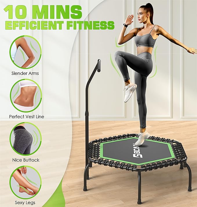 BCAN 48"/51" Mini Trampoline, 450/550 LBS Fitness Trampoline with T-Adjustable Handle Bar, Bungees, Stable & Quiet Exercise Rebounder for Adults Indoor/Garden Workout-Green