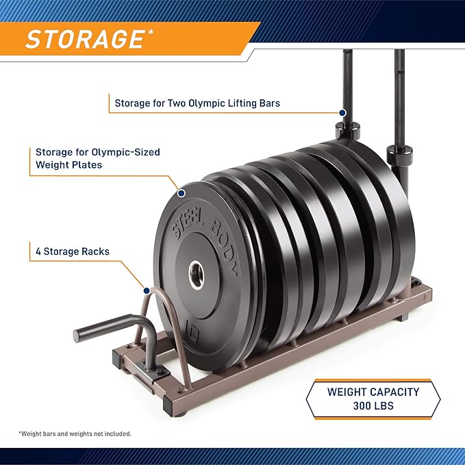 Steelbody Horizontal Plate and Olympic Bar Rack Organizer with Steel Frame and Transport Wheels STB-0130, brown 41”L x 11”W x 9.5”H