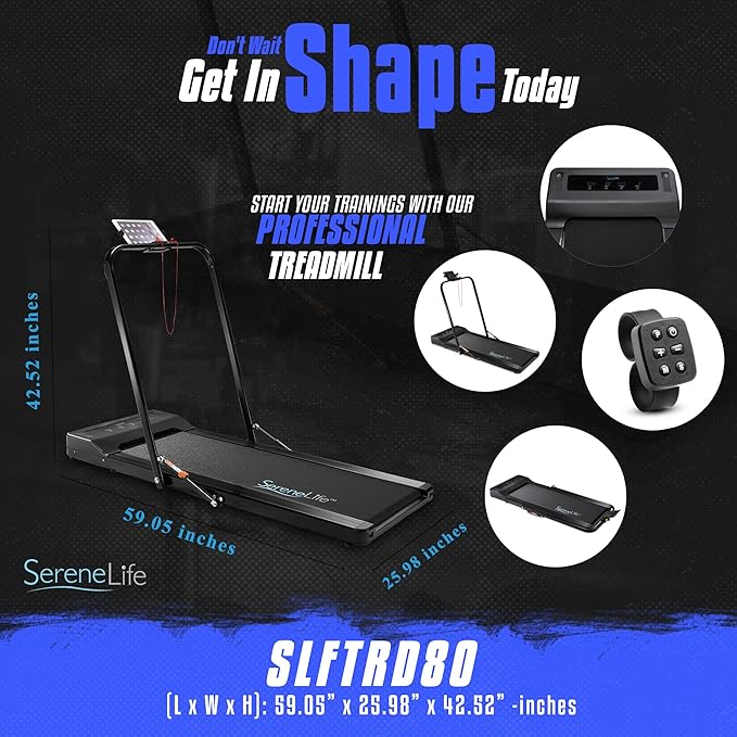 SereneLife Folding Treadmill - Foldable Home Fitness Equipment with LCD for Walking & Running - Cardio Exercise Machine - Preset and Adjustable Programs - Bluetooth Connectivity