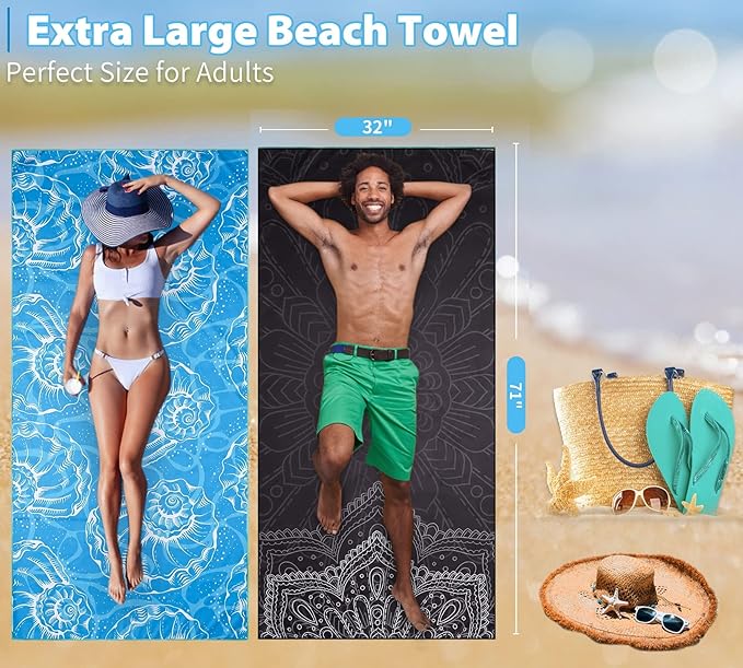 2 Pack Lightweight Thin Beach Towel Oversized 71"x32" Big Extra Large Microfiber Sand Free Towels for Adult Quick Dry Travel Camping Beach Accessories Vacation Essential Gift Black Mandala Blue Shell