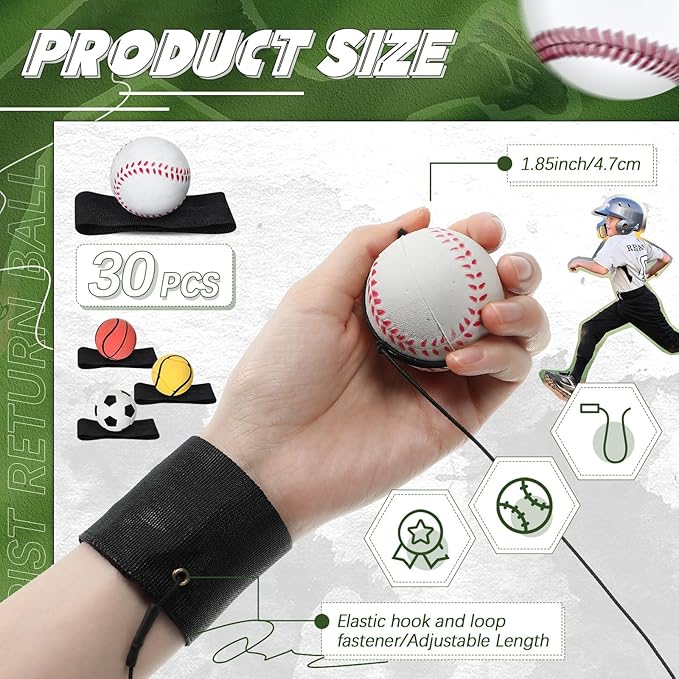 Jerify 30 Pcs Wrist Return Ball on a String Baseball Basketball Soccer Tennis Party Favor Sports Return Wrist Practice Ball on Elastic Cord Rubber Rebound Wristband Ball for Adults