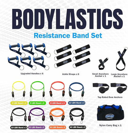 Bodylastics Resistance Band Set - Resistance Bands with Handles, Ankle Straps, Door Anchor, Carry Bag - Heavy-Duty Stretch Exercise Bands -Patented Clips and Snap Reduction Tech -Fitness Workout Bands