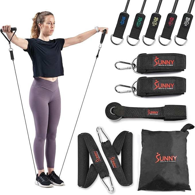 Sunny Health & Fitness Premium Resistance Band Set with Door Anchors, Wrist Straps, Handles Carry Bag Optional Padded Ankle Straps (Pair) for Strength Training, Booty Workout, Lower Body Exercises