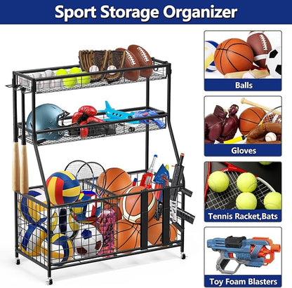 Uboway Garage Organizers and Storage - Sports Equipment Organizer with Basket and Hooks, Toys Storage Organizer, Ball Storage Rack for Basketball,Tennis Ball, Volleyball, Football, Baseball, Black