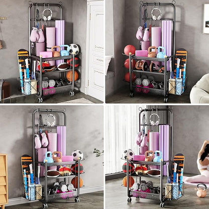 Home Gym storage, Yoga Mat Storage Weight Rack, Workout Equipment Storage, Dumbbell Kettlebells Home Gym Storage Rack with wheels