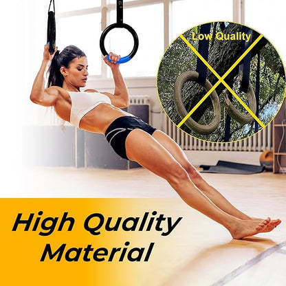 HMART Wooden Gymnastic Rings 1600Ibs Capacity with Loop Bands – 15ft Woven Adjustable Numbered Straps Anti-Slip Sweat-Absorbent Hand Tape – Pull Up Rings for Home Outdoor Exercise Gym Rings