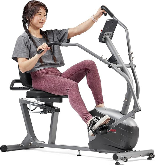 Sunny Health & Fitness Compact Performance Recumbent Bike with Dual Motion Arm Exercisers, Quick Adjust Seat & Optional Exclusive SunnyFit App Enhanced Bluetooth Connectivity