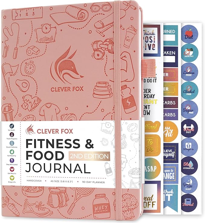 Clever Fox Fitness & Food Journal – Nutrition & Workout Planner for Women & Men – Diet & Gym Exercise Log Book with Calendars, Diet & Training Trackers - Undated, A5 Size, Hardcover (Light Pink)