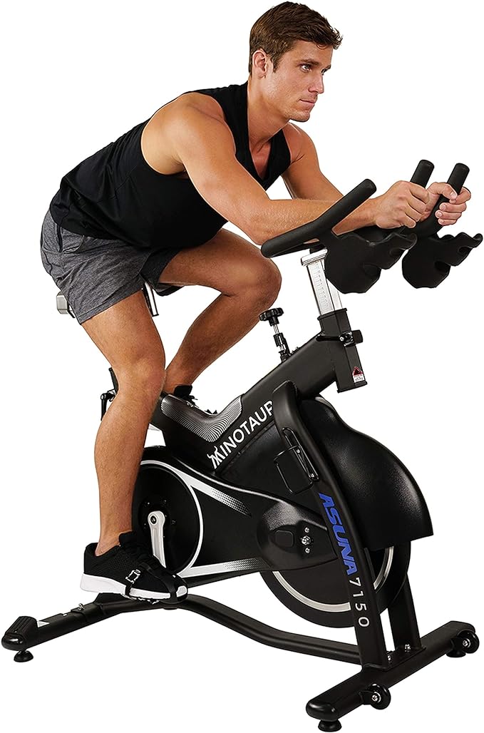 Sunny Health & Fitness ASUNA 7150 Minotaur Exercise Bike Magnetic Belt Drive Commercial Indoor Cycling Bike with 330 LB Max Weight, SPD Style/Cage Pedals and Aluminum Frame, Black