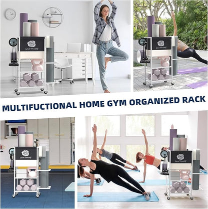 Yoga Mat Storage Rack，Home Gym Storage Rack Gym Workout Equipment Storage Organizer Fitness Weight Rack on Wheels for Yoga Mat,Yoga Block,Foam Roller,Resistance Band,Dumbbell,Kettlebell and Other Workout Accessories