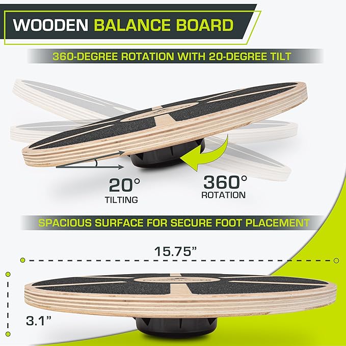 ProsourceFit Wooden Balance Board Non-Slip Wobble Core Trainer 15.75in (39.5cm) Diameter with 360 Rotation for Stability Training, Full Body Exercises, Physical Therapy