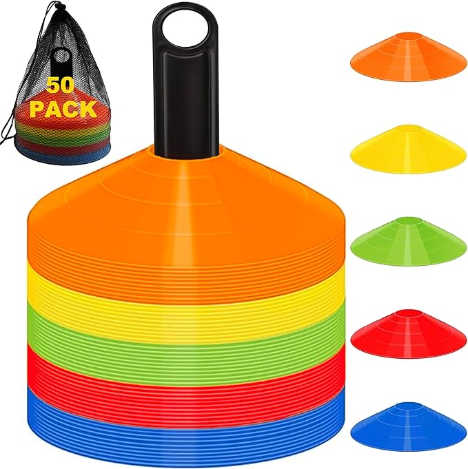 25/50 Pack Disc Cones for Sports, Agility Training Cone for Soccer, Football, Basketball, Coaching, Practice Equipment with Carry Bag and Holder, 5 Color