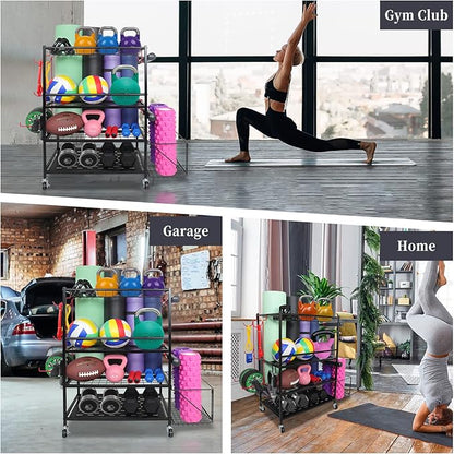 Yoga Mat Storage Rack Dumbbell Rack Home Gym Storage Rack for Yoga Mat Dumbbells Kettlebells and Foam Rollers， All-in-One Workout Exercise Equipment Storage with Wheels Hooks