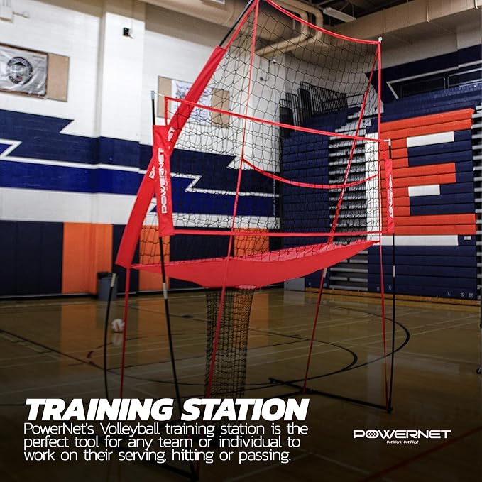 PowerNet Volleyball Practice Net Station, 8 ft Wide by 11 ft High, Ball Return, Great for Hitting and Serving Drills, Perfect for Team or Solo Training, Three Minute Setup, Bow Style Frame