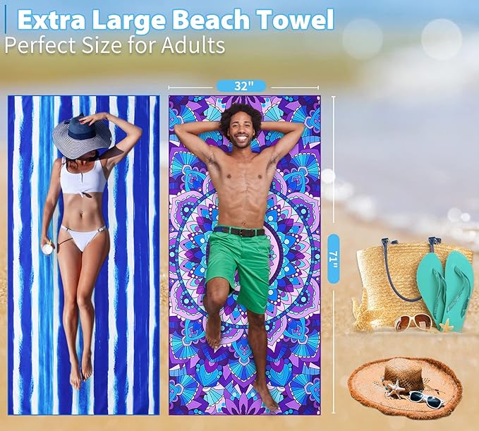 4 Pack Lightweight Thin Beach Towel Oversized 71"x32" Big Extra Large Microfiber Sand Free Towels for Adult Quick Dry Travel Camping Beach Accessories Vacation Essential Turtle Tie Dye Mandala Stripe