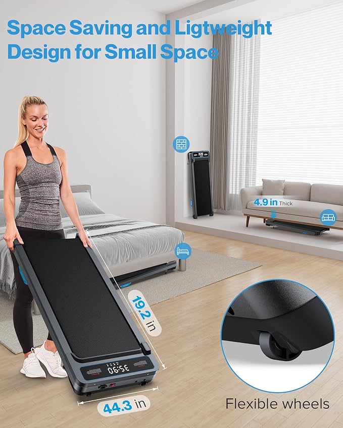 Incline Under Desk Walking Pad: Voice Controlled Smart Standing Treadmill Works with KINOMAP WELLFIT APP for Home Office - 300 Lbs Capacity Quiet Treadmills with LED Screen Remote Control