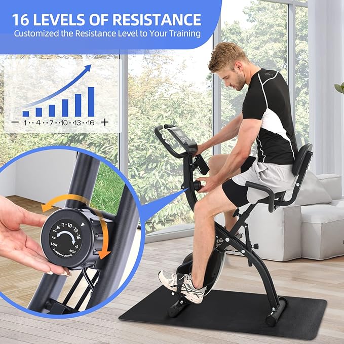 Foldable Exercise Bike Stationary Bike, Sportneer 4 in 1 Indoor Cycling Bike with 16 Level Magnetic Resistance Training Bike with Arm Resistance Band PVC Floor Mat Fitness Bike for Home Gym Workout