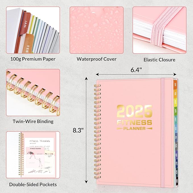 2025 Fitness Workout Journal Planner for Women & Men, from JAN 2025 - DEC 2025 Exercise Planner, 6.4" x 8.3" Fitness Tracker Journal Essentials for Goals, Tracking, Gifts with PVC Plastic Cover, Pink