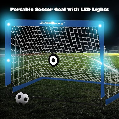 Portable Kids Soccer Goal, Pop Up Goal Nets with Led Lights,Set of 2, with Agility Training Cones, Carry Case Gift for Kids Teen Boy & Adults Size 4‘X3’(Blue)