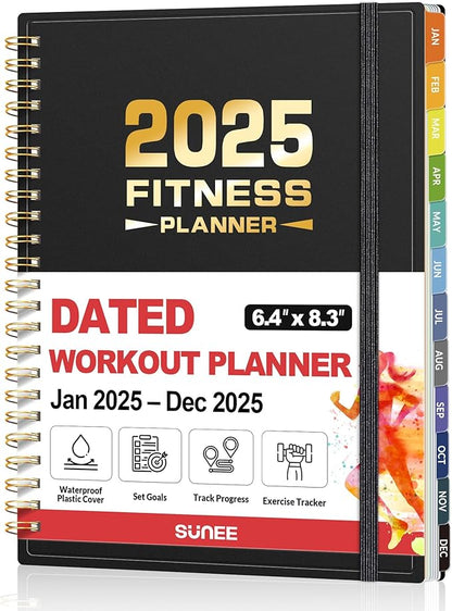 2025 Fitness Workout Journal Planner for Women & Men, from JAN 2025 - DEC 2025 Exercise Planner, 6.4" x 8.3" Fitness Tracker Journal Essentials for Goals, Tracking, Gifts with PVC Plastic Cover, Black