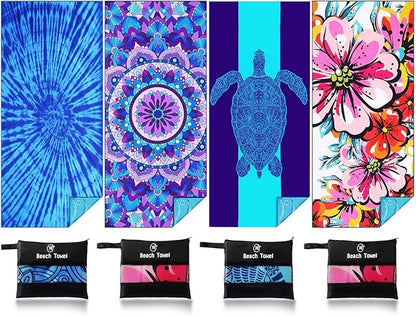 4 Pack Lightweight Thin Beach Towel Oversized 71"x32" Big Extra Large Microfiber Sand Free Towels for Adult Quick Dry Travel Camping Beach Accessories Vacation Gift Turtle Tie Dye Mandala Flower