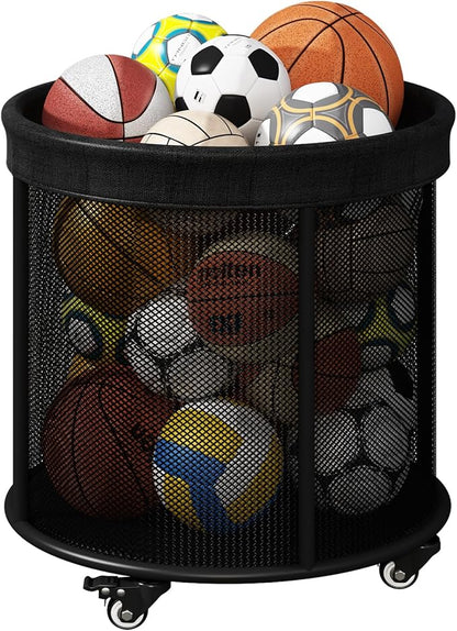 Garage Storage Organization Sports Equipment Organizer with Wheels 48 Gals Mesh Ball Storage Cart for Basketball Swimming Gear,Black (Round)