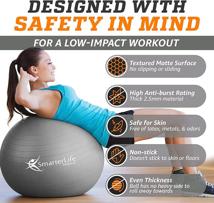 SmarterLife Workout Exercise Ball for Fitness, Yoga, Balance, Stability, or Birthing, Great as Yoga Ball Chair for Office or Exercise Gym Equipment for Home, Premium Non-Slip Design