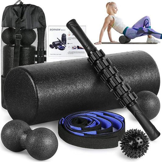 Foam Roller Set - High Density Back Roller, Muscle Roller Stick,2 Foot Fasciitis Ball, Stretching Strap, Peanut Massage Ball for Whole Body Physical Therapy & Exercise, Back Pain, Leg, Deep Tissue