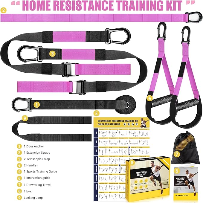 Home Resistance Training Kit, Adjustable Full Body Workout Strap Resistance Trainer with Handles, Door Anchor and Training Poster, Resistance Straps for Indoor, Outdoor and Home Gym Equipment