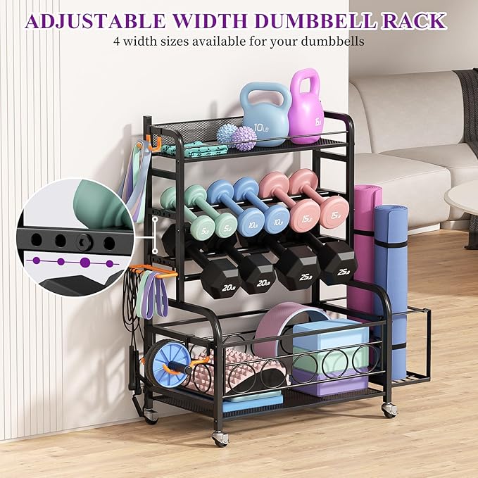 Weight Rack for Dumbbells, Dumbbell Rack Weight Stand, VOPEAK Home Gym Storage Rack for Yoga Mat Kettlebells and Strength Training Equipment, Weight Storage Holder Rack for Dumbbells with Wheels