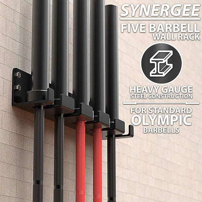 Synergee 1, 2 or 5 Barbell Holder. Vertical Hanging Barbell Rack. Holds Bars, Curl Bars, Hex Bars, Tricep Bars. Excellent Compact, Vertical Storage. Organization for Home, Commercial, Garage Gyms.