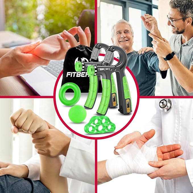 FitBeast Hand Grip Strengthener Workout Kit (5 Pack), 2 Forearm Grip Adjustable Resistance Hand Gripper, Finger Stretcher, Grip Ring & Stress Relief Grip Ball for Athletes