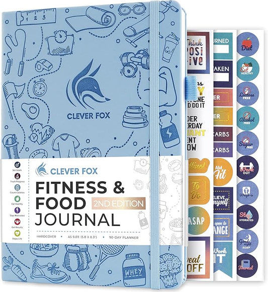 Clever Fox Fitness & Food Journal – Nutrition & Workout Planner for Women & Men – Diet & Gym Exercise Log Book with Calendars, Diet & Training Trackers - Undated, A5 Size, Hardcover (Light Blue)