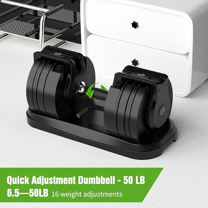 JJM 50LB Adjustable Dumbbells. One-handed grip rotates to 6.5-50LB weight