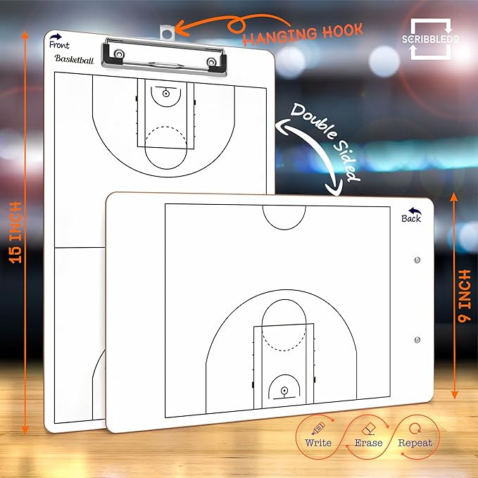 Scribbledo Basketball Dry Erase Board for Coaches 15"x9" Double Sided Basketball Whiteboard Coaching Board Equipment Basketball Accessories The Perfect Coach Gifts