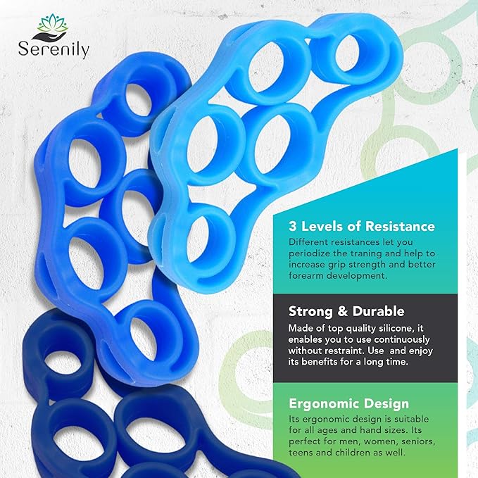 Serenily Hand Exercisers for Strength - Finger Strengthener, Hand exerciser Stroke Recovery Equipment for Parkinson's Aids, Arthritis & Hand Therapy. Hand Strengthener Physical Therapy Equipment (3 Pc)