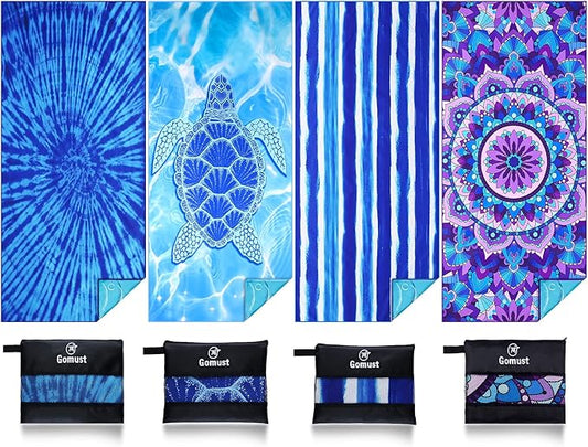 4 Pack Lightweight Thin Beach Towel Oversized 71"x32" Big Extra Large Microfiber Sand Free Towels for Adult Quick Dry Travel Camping Beach Accessories Vacation Essential Turtle Tie Dye Mandala Stripe