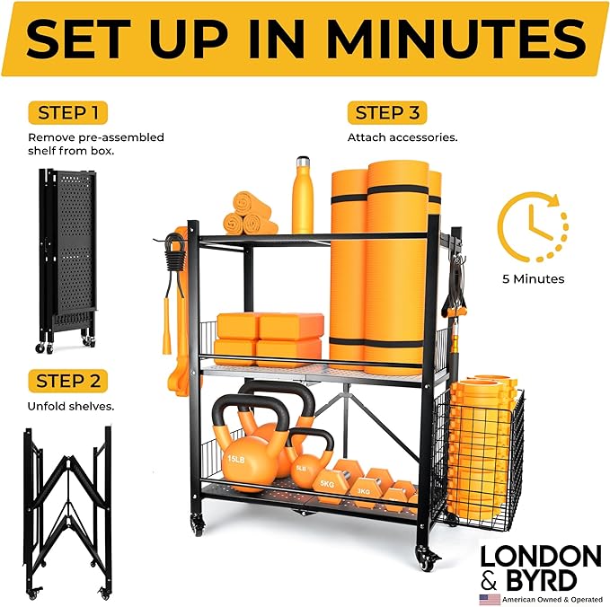 London & Byrd - Assemble in Minutes - Home Gym Storage Rack. Steel Construction, Heavy Duty Wheels, with Basket and Hooks. Great for Yoga mat Storage, Kettlebell Storage, and Small Dumbbell Storage.