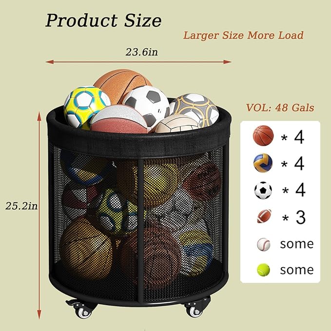 Garage Storage Organization Sports Equipment Organizer with Wheels 48 Gals Mesh Ball Storage Cart for Basketball Swimming Gear,Black (Round)