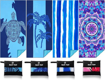 4 Pack Lightweight Thin Beach Towel Oversized 71"x32" Big Extra Large Microfiber Sand Free Towels for Adult Quick Dry Travel Camping Beach Accessories Gift Coconut Tree Sea Turtle Stripe Mandala