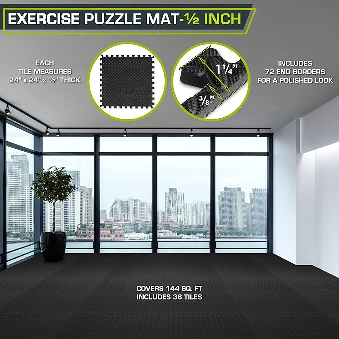 ProsourceFit Puzzle Exercise Mat ½ in, EVA Interlocking Foam Floor Tiles for Home Gym, Mat for Home Workout Equipment, Floor Padding for Kids, Black, 24 in x 24 in x ½ in, 144 Sq Ft - 36 Tiles