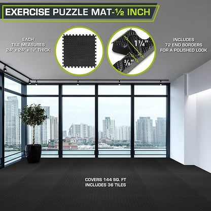 ProsourceFit Puzzle Exercise Mat ½ in, EVA Interlocking Foam Floor Tiles for Home Gym, Mat for Home Workout Equipment, Floor Padding for Kids, Black, 24 in x 24 in x ½ in, 144 Sq Ft - 36 Tiles