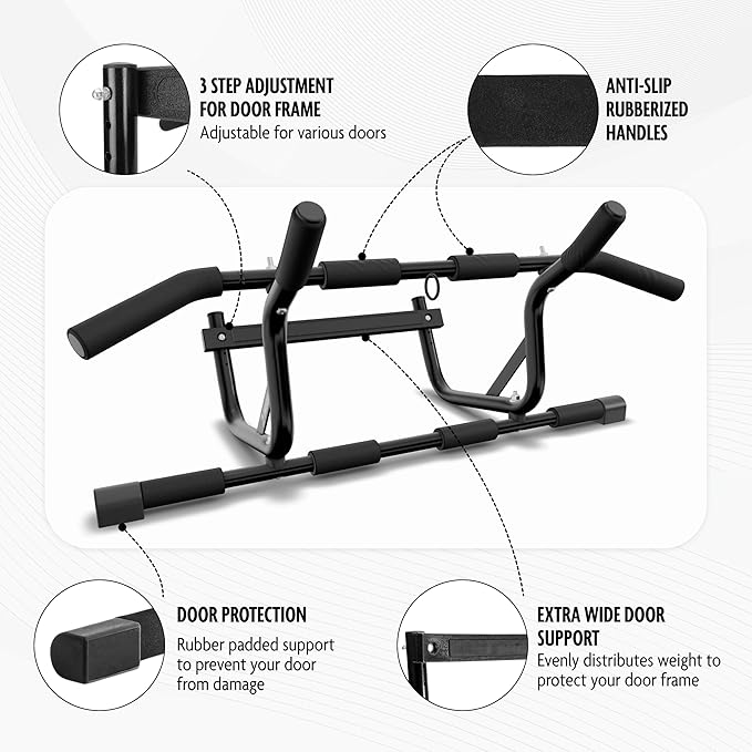 DMoose Pull Up Bar for Doorway - Upto 250 Lbs Capacity, Chin Up Bar with No Screwing & No Slipping Hanging Bar with Padded Handles for Strength Training, Door Frame Pullup Bar with Installation Guide