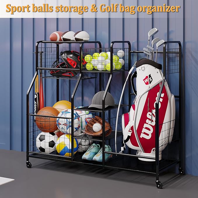 Golf Bag Storage Rack - Fits 2 Golf Bags, Garage Sports Equipment Organizer with Baskets, Garage Organizers and Storage with Hooks, Movable Ball Storage Cart with Wheel for Garage, Gym, Shed, Outdoor